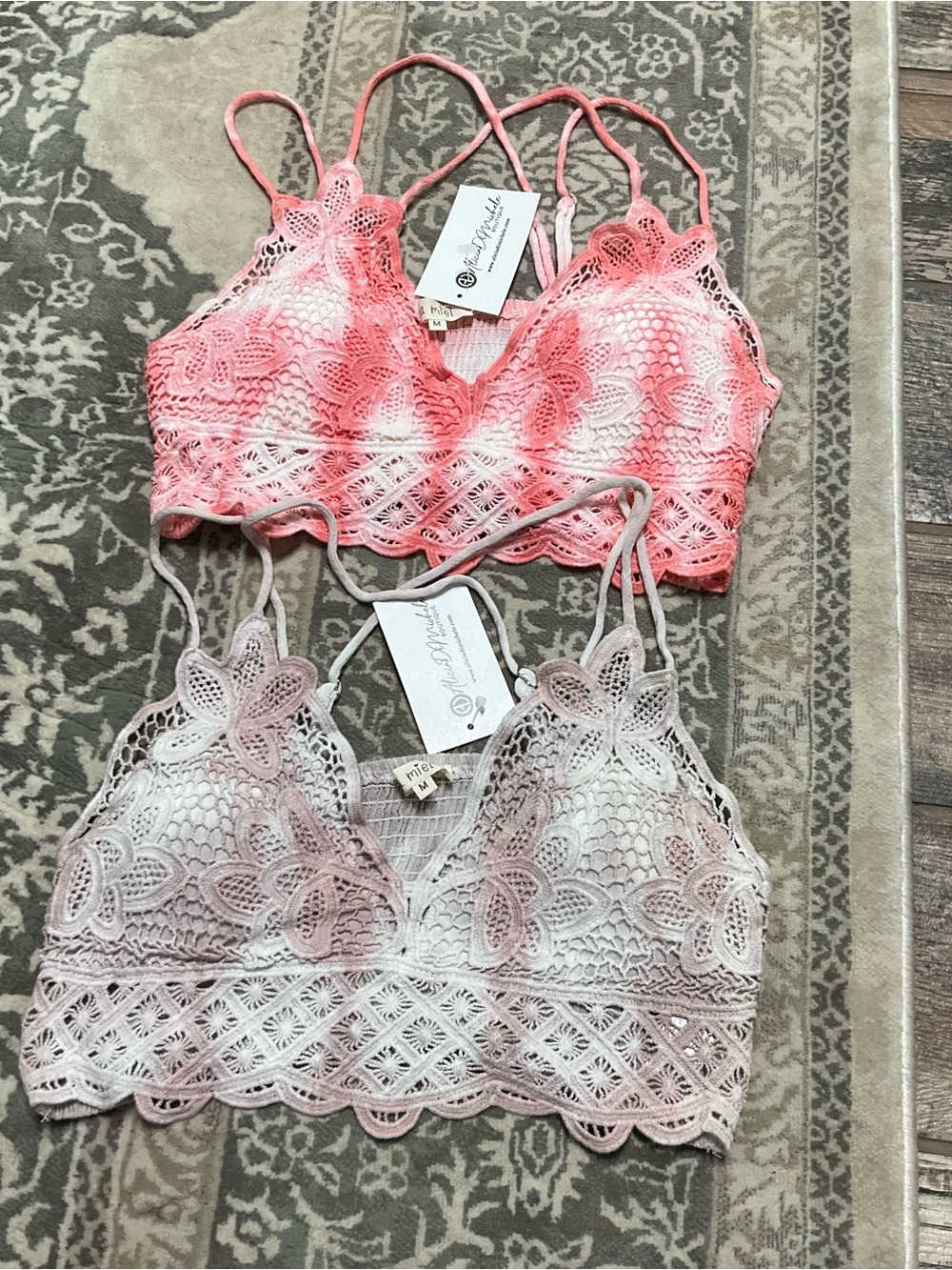 LA MIEL Crochet Lace Bralettes in Coral & Mauve tie dye NWT
